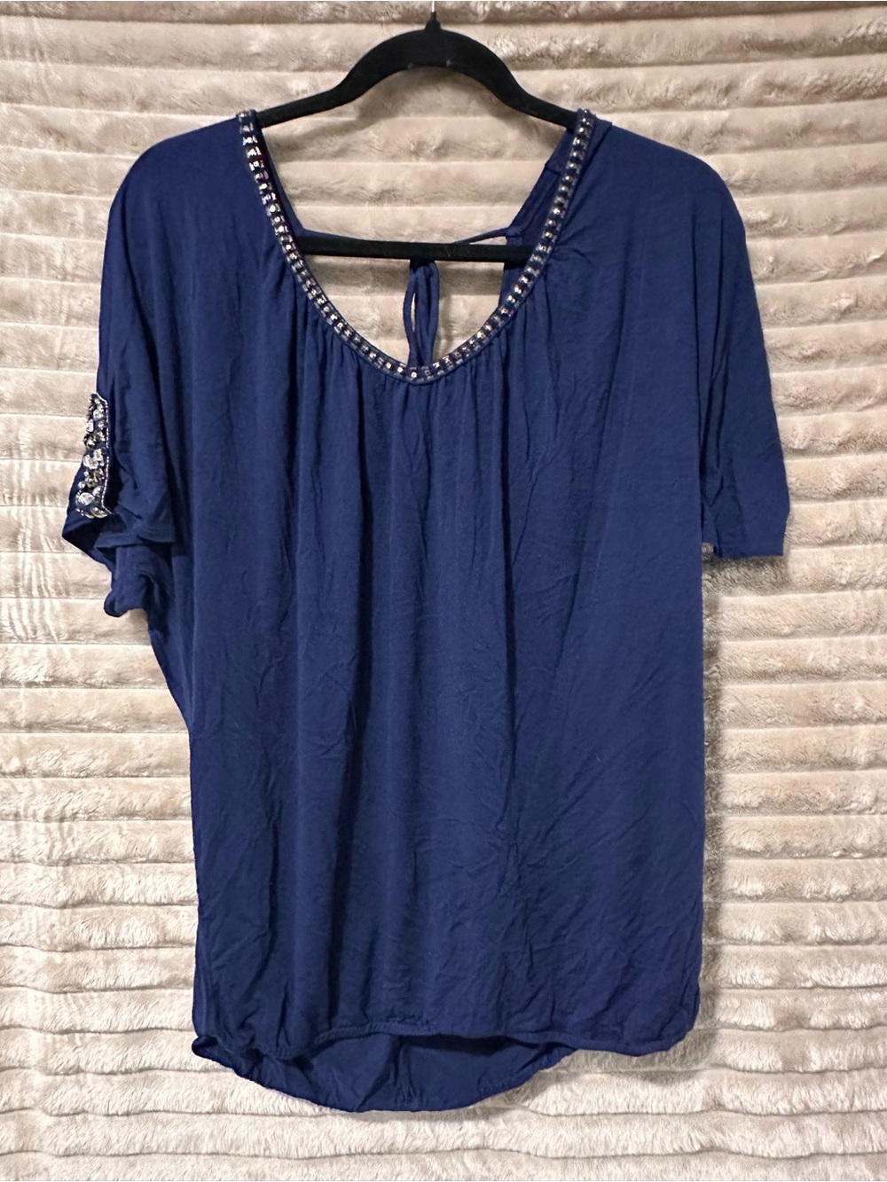 Buckle Navy Blue Short Sleeve Scoop Neck Top with Beaded Neckline and open back